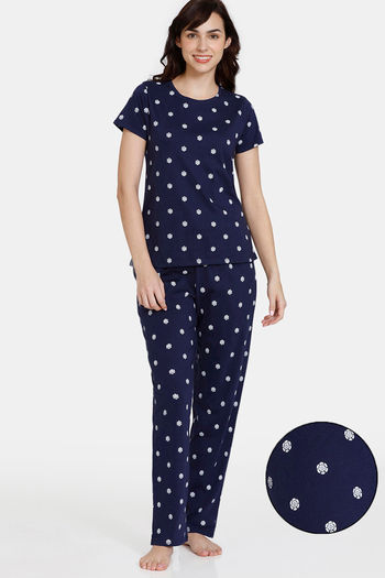 Buy Zivame Basics Knit Cotton Pyjama Set - Medieval Blue